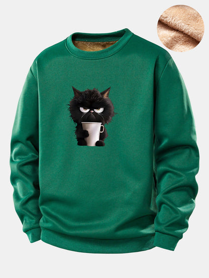 Schwarzes Katzen-Trink-Kaffee-Motiv Teddy-Fleece-gefüttertes Sweatshirt