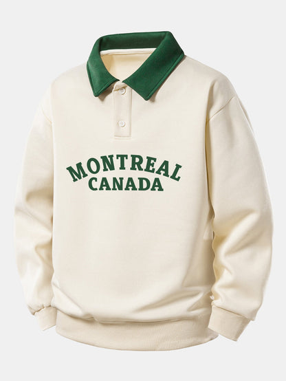 Relaxed Fit Montreal Canada Graphic Contrast Polo Sweatshirt