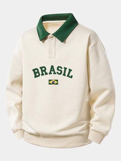 Relaxed Fit Brazil Print Contrast Polo Sweatshirt