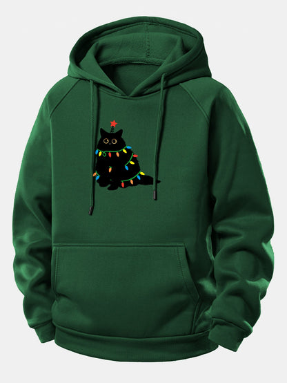 Schwarze Katze Weihnachtslichter Kordelzug Kapuzenpullover