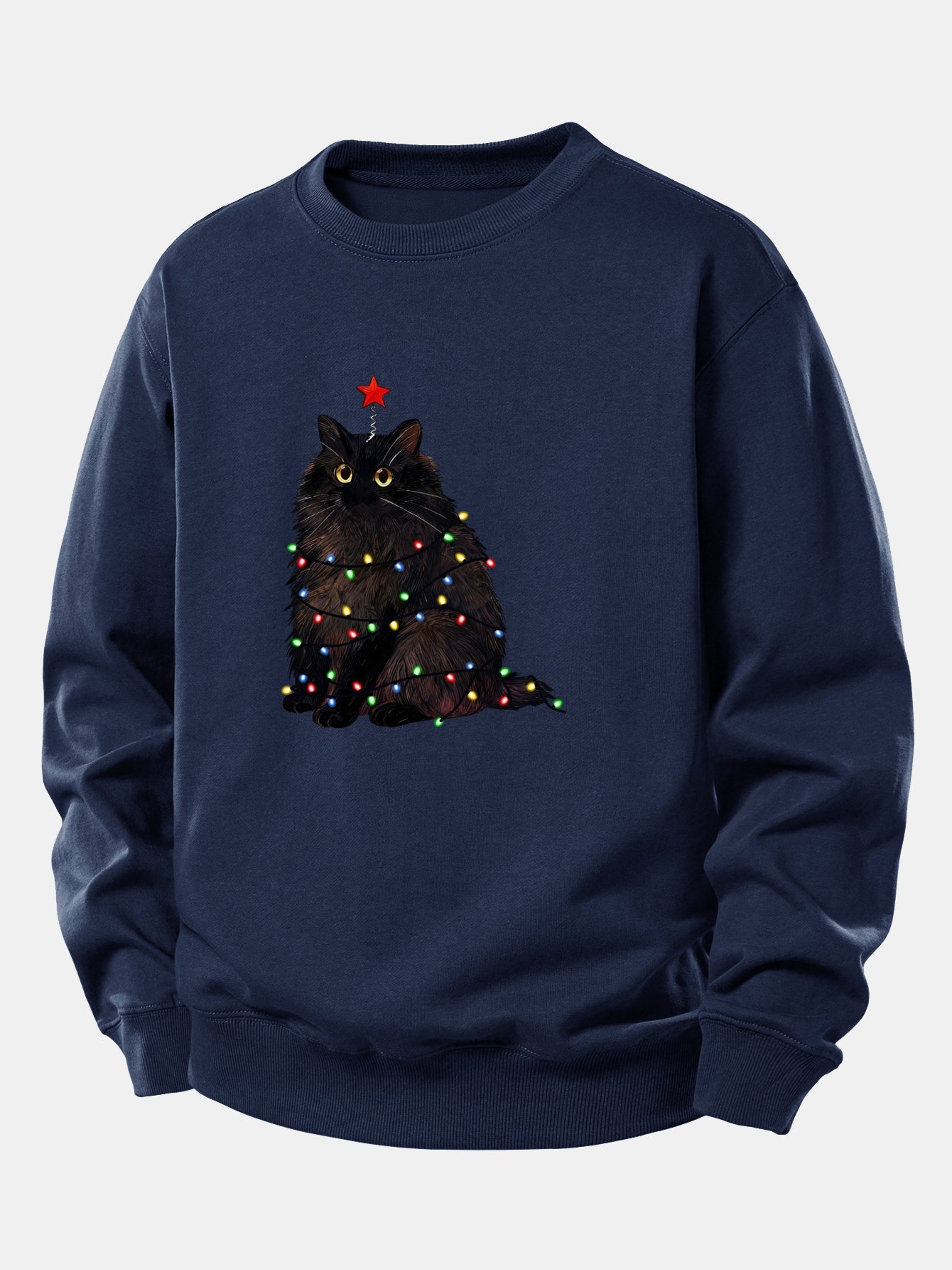 Schwarze Katze Druck Sweatshirt mit Weihnachtslichtern - Lockerer Sitz