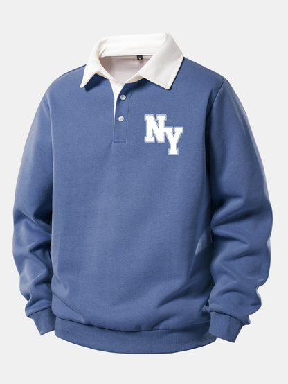 NY Print Contrast Polo Collar Sweatshirt