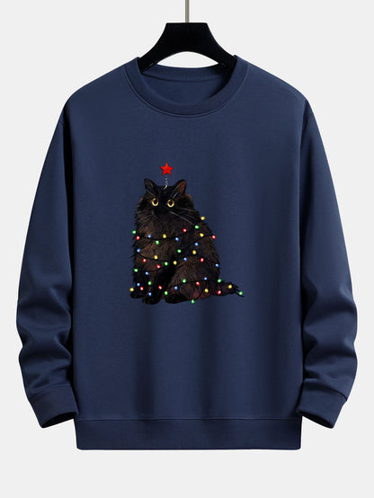 Schwarze Katze Weihnachtslichter Druck Sweatshirt mit lockerem Sitz
