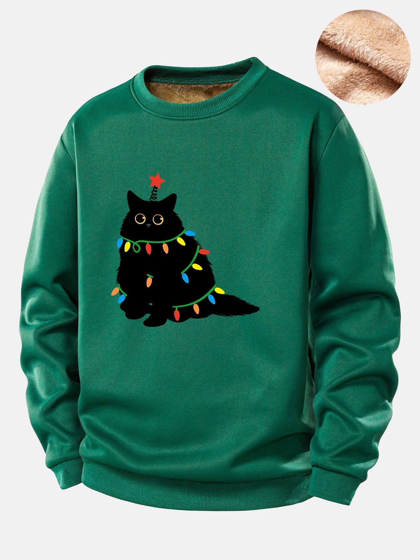 Weihnachtslichter Schwarze Katze Druck Teddy Fleece Gefüttertes Sweatshirt