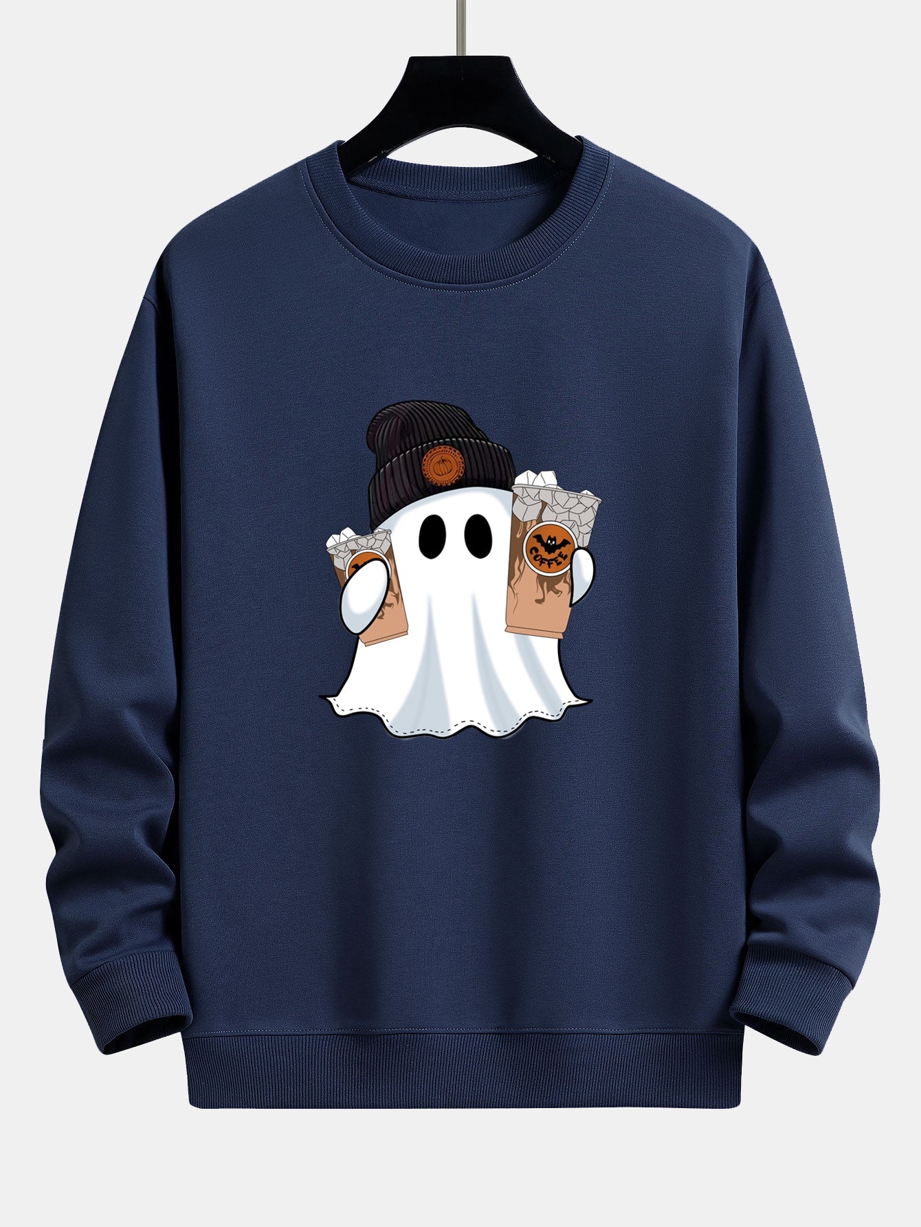 Halloween Ghost Coffee Print Relaxed Fit Sweatshirt