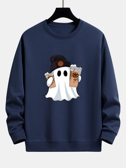 Halloween Ghost Coffee Print Relaxed Fit Sweatshirt
