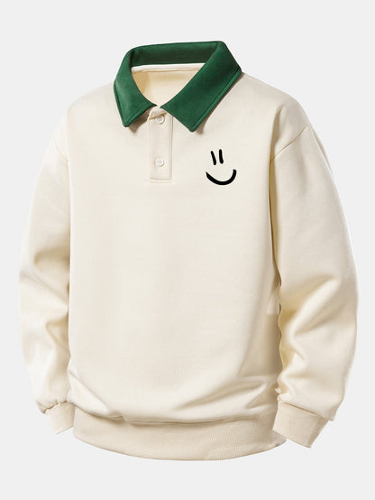Relaxed Fit Smiley Face Print Kontrast Poloshirts Sweatshirt
