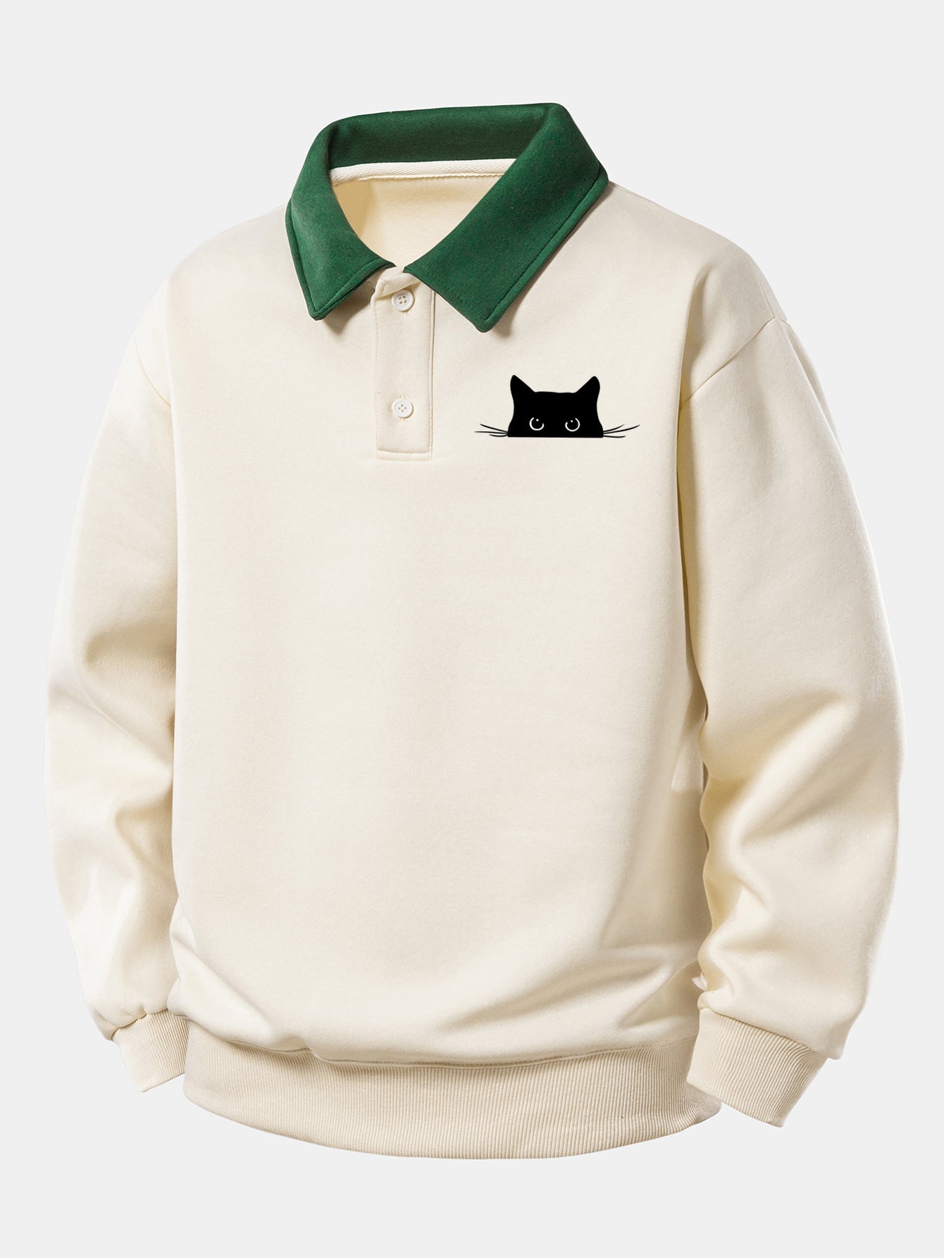 Relaxed Fit Schwarzes Katzenmotiv Kontrast Poloshirts Sweatshirt