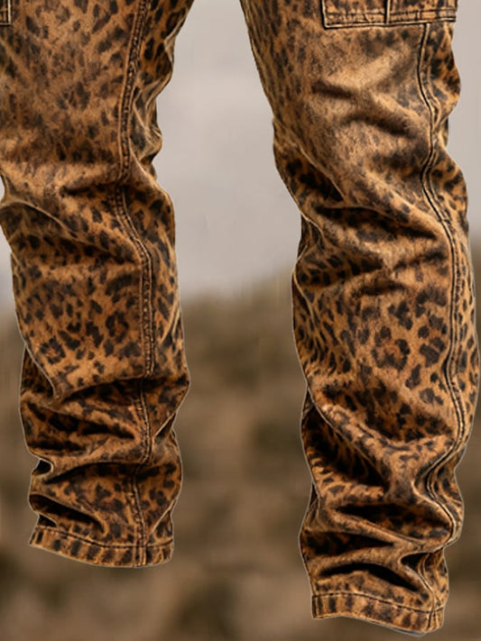 Herren-Overall mit Leopardenmuster und mehreren Taschen im Vintage-Stil für den Außenbereich