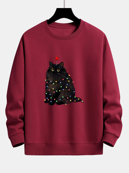 Schwarze Katze Weihnachtslichter Druck Sweatshirt mit lockerem Sitz