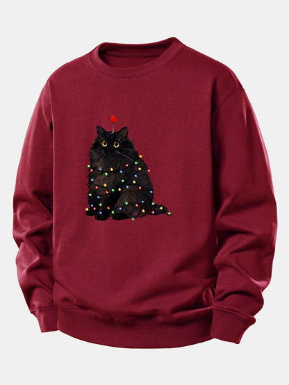 Schwarze Katze Druck Sweatshirt mit Weihnachtslichtern - Lockerer Sitz