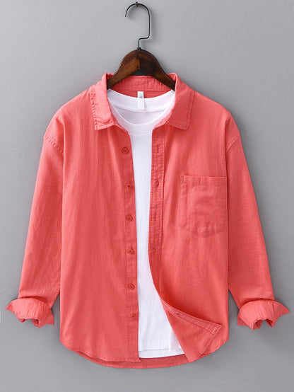 Langarm-Leinen-Baumwollhemd mit praktischer Tasche