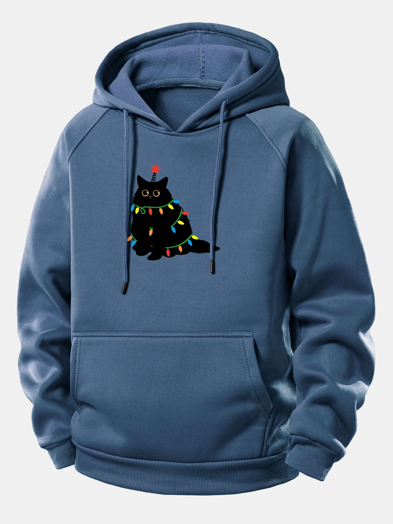 Schwarze Katze Weihnachtslichter Kordelzug Kapuzenpullover