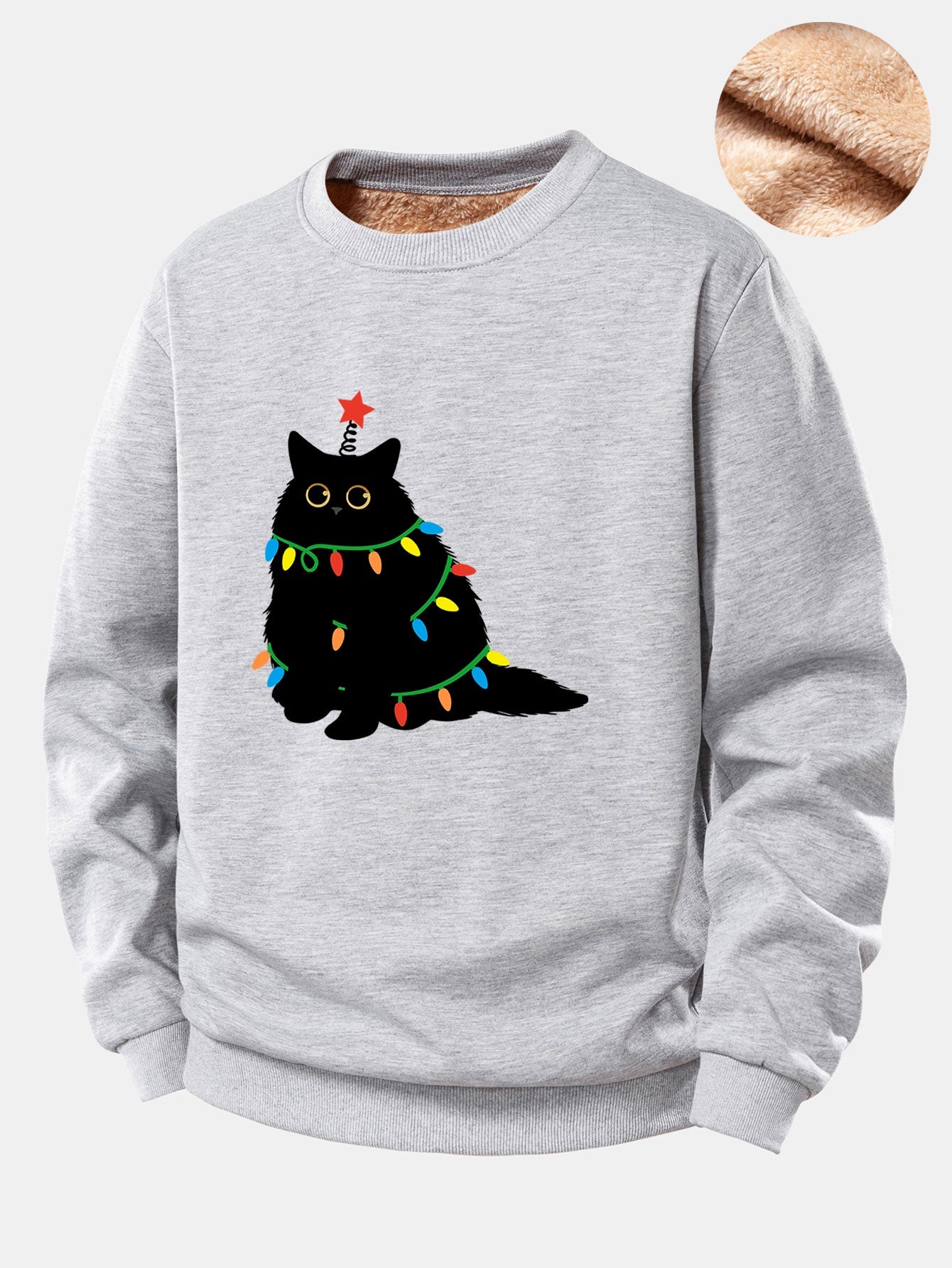 Weihnachtslichter Schwarze Katze Druck Teddy Fleece Gefüttertes Sweatshirt