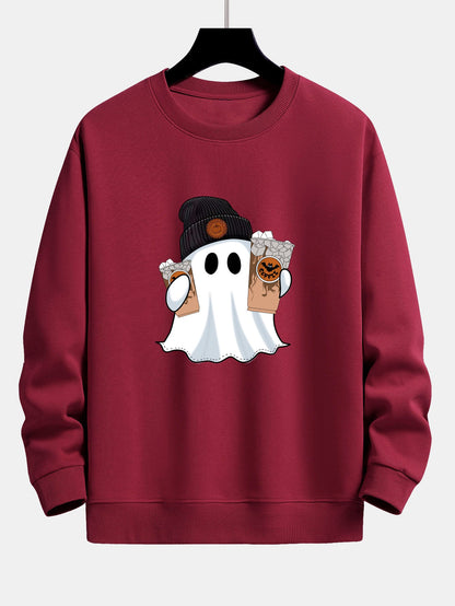 Halloween Ghost Coffee Print Relaxed Fit Sweatshirt