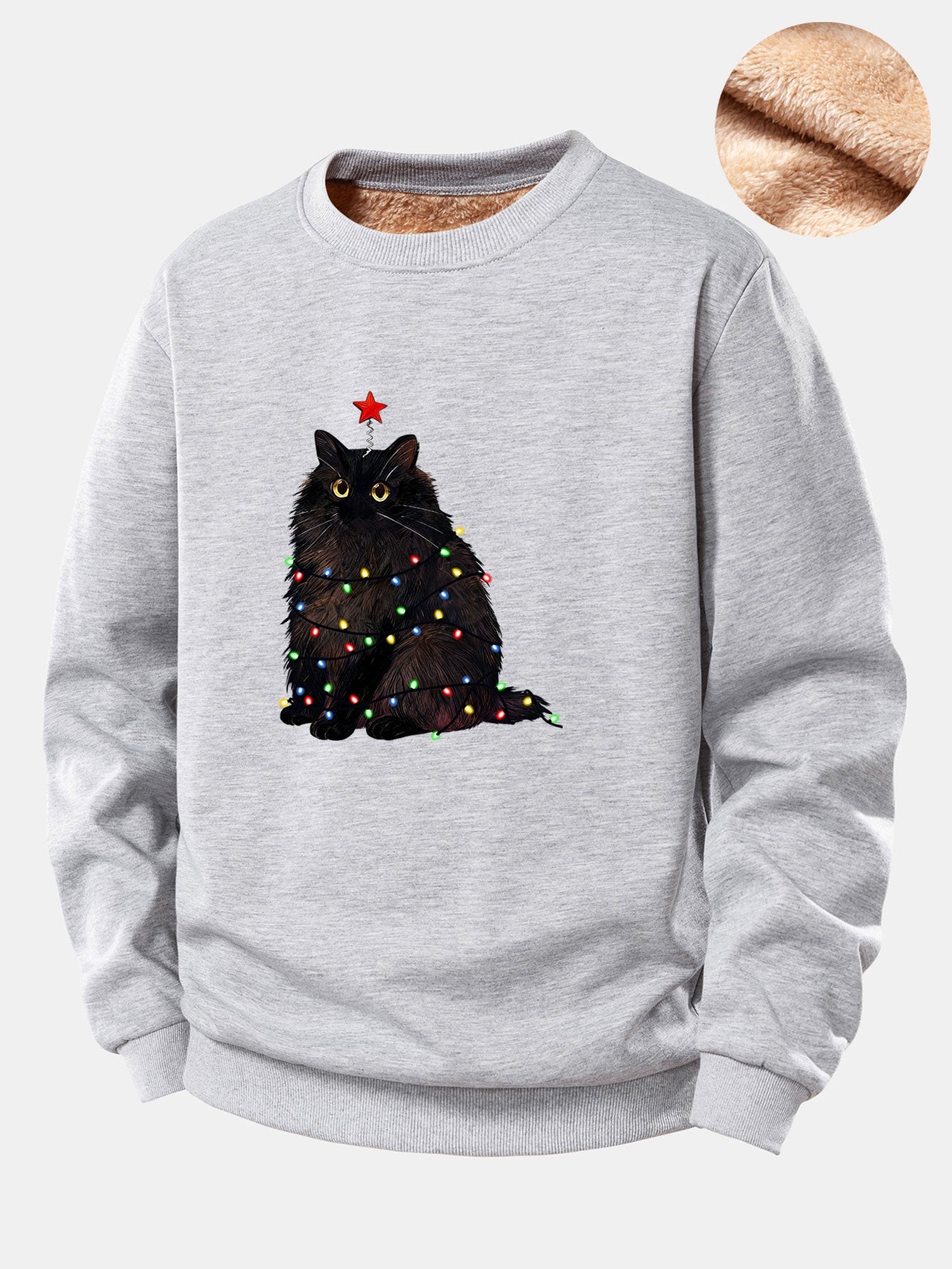 Weihnachtslichter Schwarze Katze Druck Teddy Fleece Gefüttertes Sweatshirt