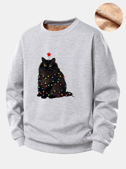 Weihnachtslichter Schwarze Katze Druck Teddy Fleece Gefüttertes Sweatshirt