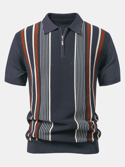 Gestreiftes Strick-Poloshirt mit Reißverschluss und gerade geschnittene Ripp-Hose