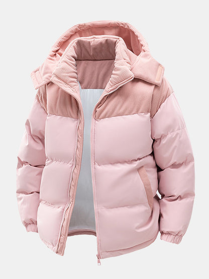 Corduroy Patchwork Kapuzen-Steppjacke