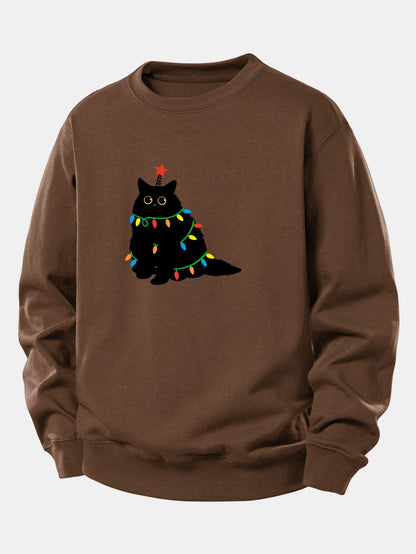Buntes Licht Schwarze Katze Druck Locker Sitzendes Sweatshirt