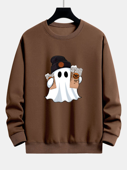 Halloween Ghost Coffee Print Relaxed Fit Sweatshirt