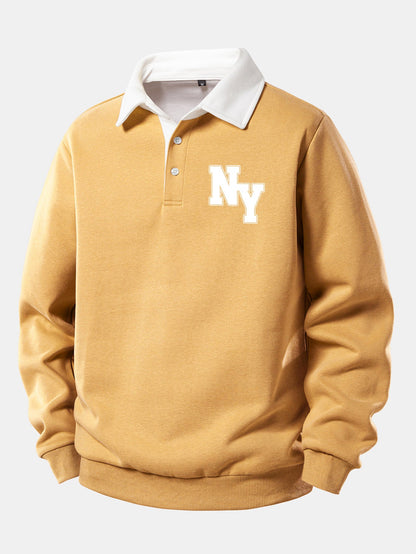 NY Print Contrast Polo Collar Sweatshirt