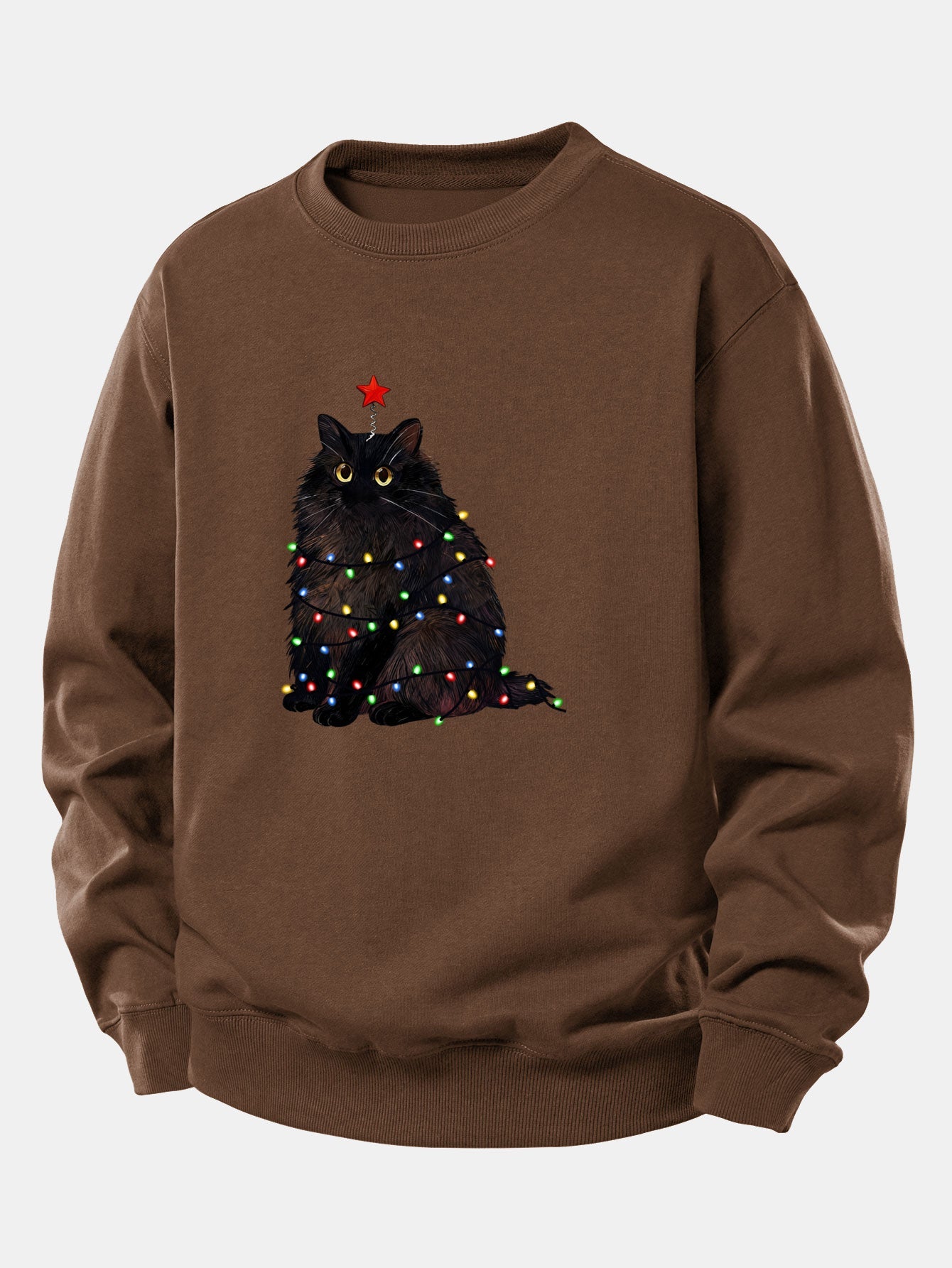 Schwarze Katze Druck Sweatshirt mit Weihnachtslichtern - Lockerer Sitz