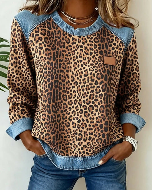 Stutz | Sweatshirt mit Leopardenmuster und Denim-Patchwork