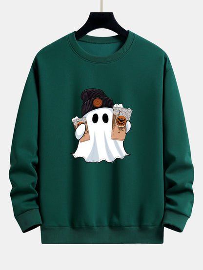 Halloween Ghost Coffee Print Relaxed Fit Sweatshirt
