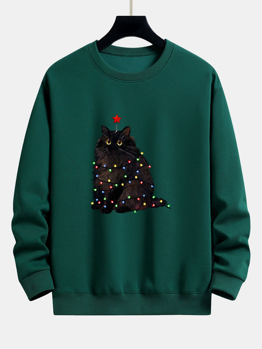 Schwarze Katze Weihnachtslichter Druck Sweatshirt mit lockerem Sitz