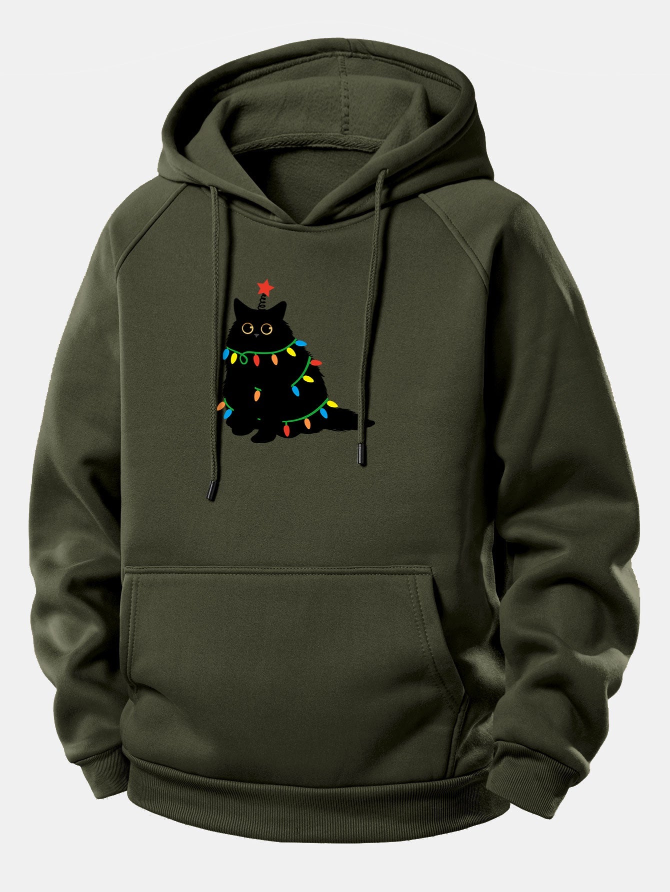 Schwarze Katze Weihnachtslichter Kordelzug Kapuzenpullover