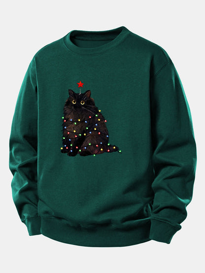 Schwarze Katze Druck Sweatshirt mit Weihnachtslichtern - Lockerer Sitz