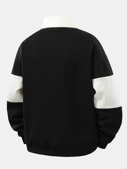 Relaxed Fit Color Block Patchwork Polo Sweatshirt
