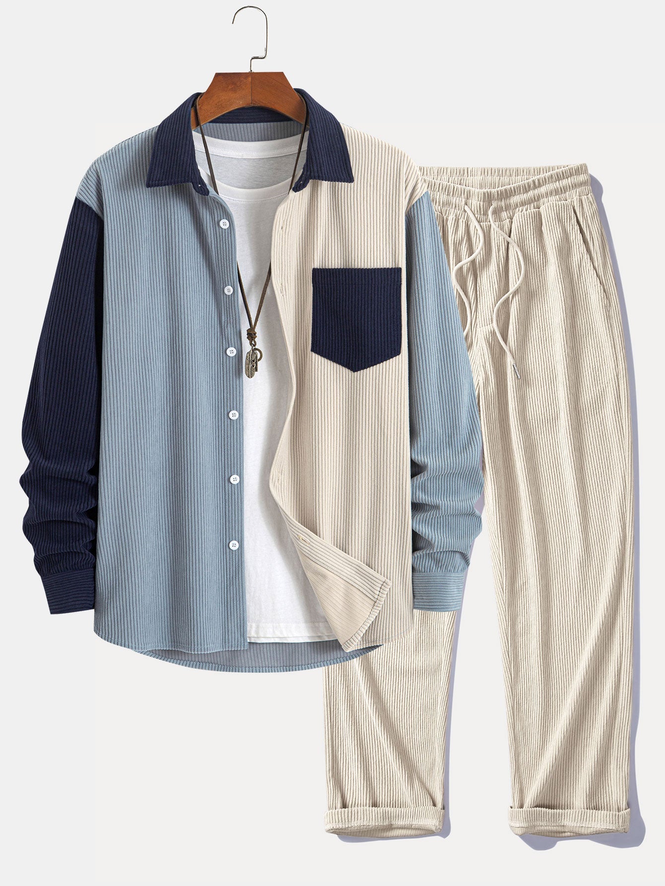 Corduroy Patchwork Shirt & Straight-Leg Corduroy Trousers