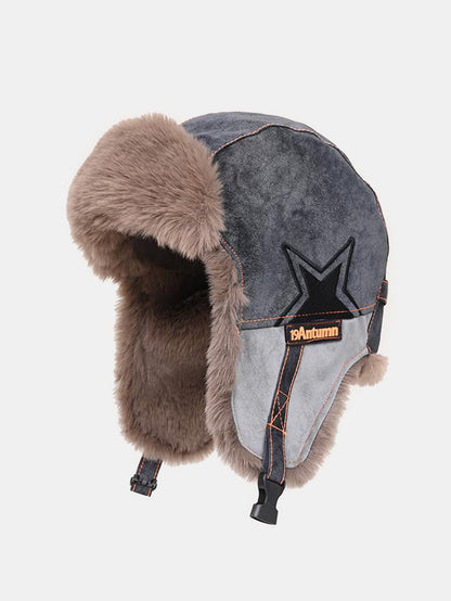 Vintage Leder Plus Samt Warme Fliegerkappe