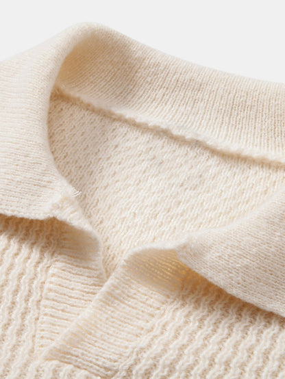 Langarm V-Ausschnitt Poloshirt mit Wellen-Jacquard-Strick