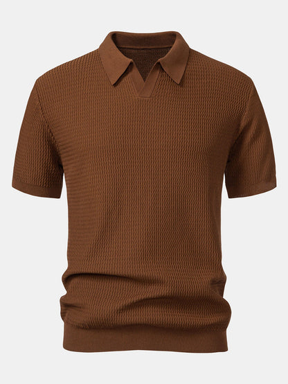 V-Neck Wave Jacquard Knit Polo Shirt