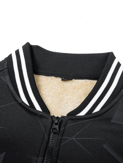 Geometrisch gemusterte Teddy-Fleece Baseballjacke