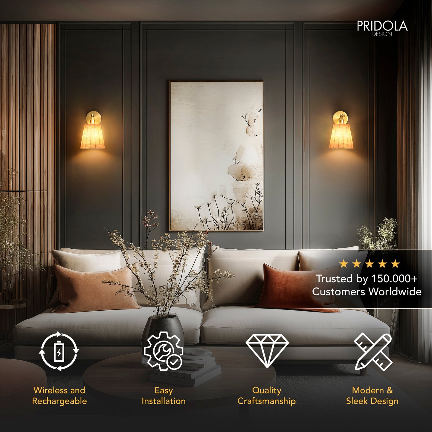 NATÜRLICHE DRAHTLOSE WANDLAMPEN (SET AUS 2)