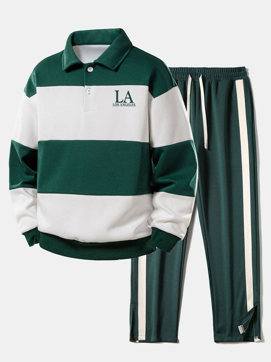 Relaxed Fit Los Angeles Graphic Color Block Polo Shirt & Split Hem Striped Pants