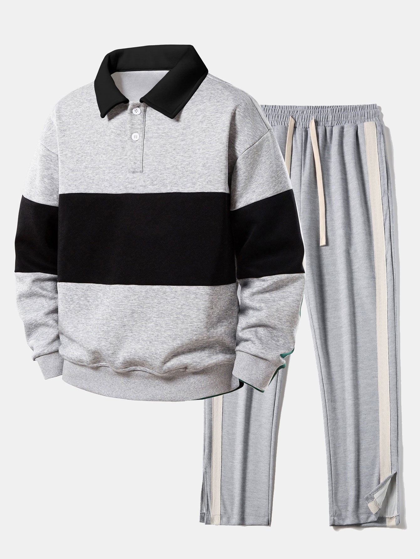 Relax Fit Farbe Block Poloshirts Kragen Sweatshirt & Schlitz Saum Streifen Hose