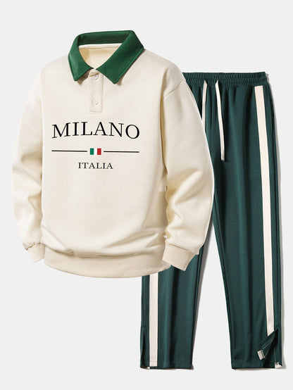 Relax Fit Milano Print Contrast Poloshirts Sweatshirt & Schlitzsaum Streifenhose