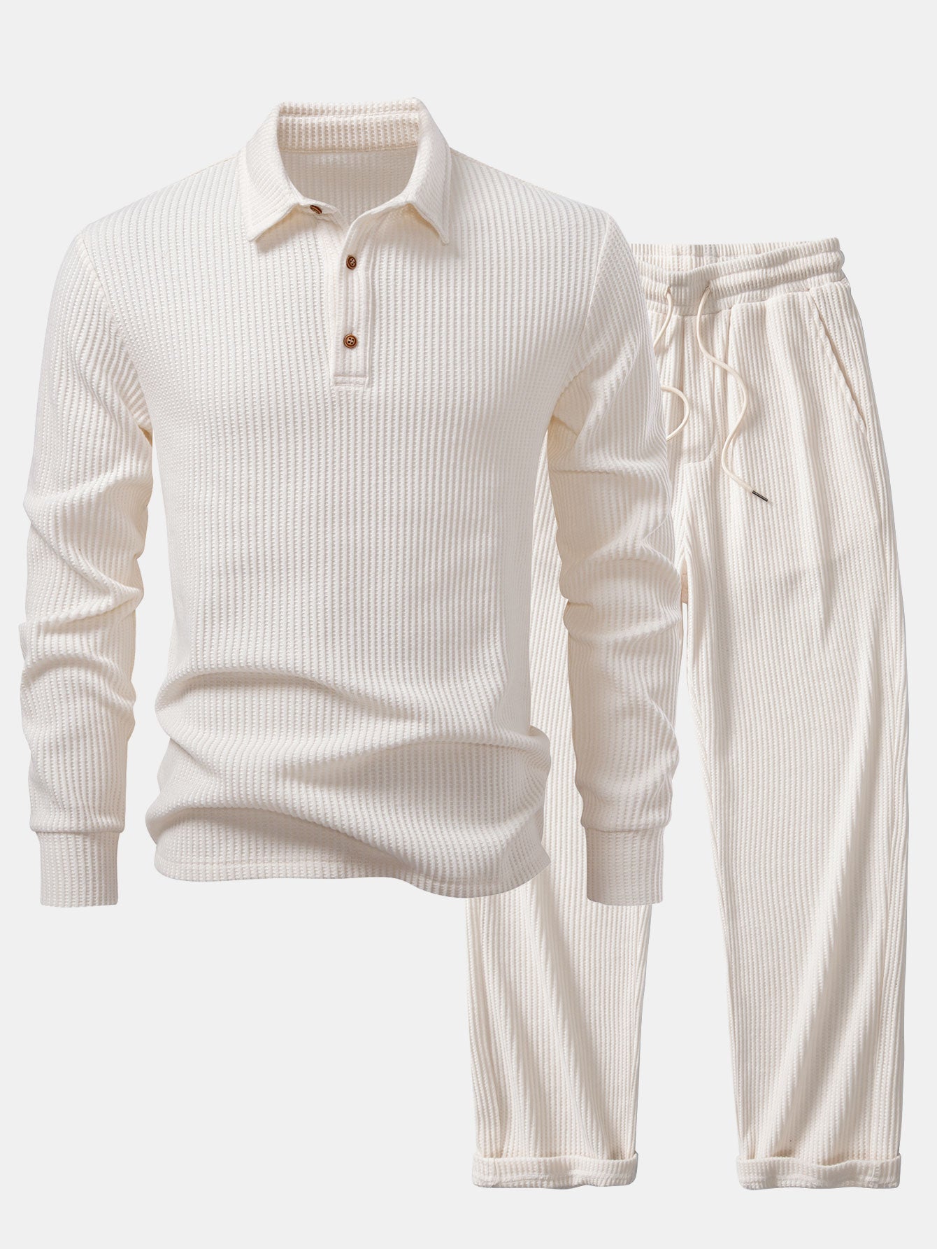 Langärmliges Waffel-Poloshirt und Waffel-Hose mit Kordelzug
