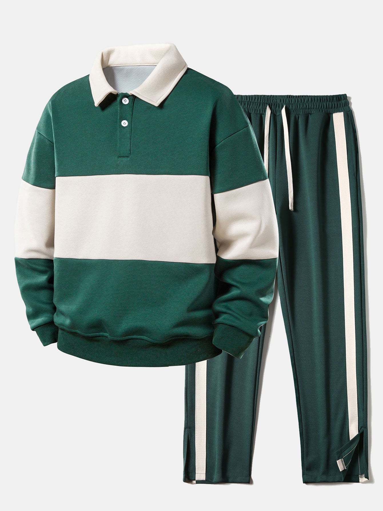 Relaxed Fit Farbblock Poloshirt mit Kragen, Sweatshirt und gestreifter Schlitzsaum-Hose
