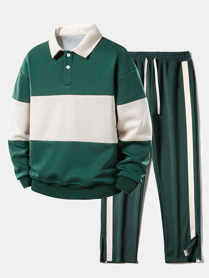 Relaxed Fit Farbblock Poloshirt mit Kragen, Sweatshirt und gestreifter Schlitzsaum-Hose