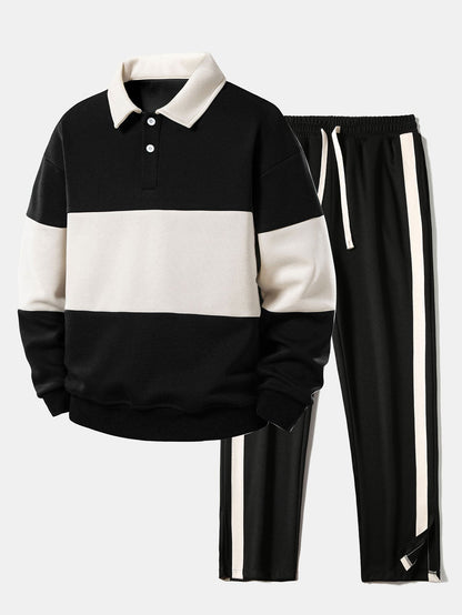Relaxed Fit Farbblock Poloshirt mit Kragen, Sweatshirt und gestreifter Schlitzsaum-Hose