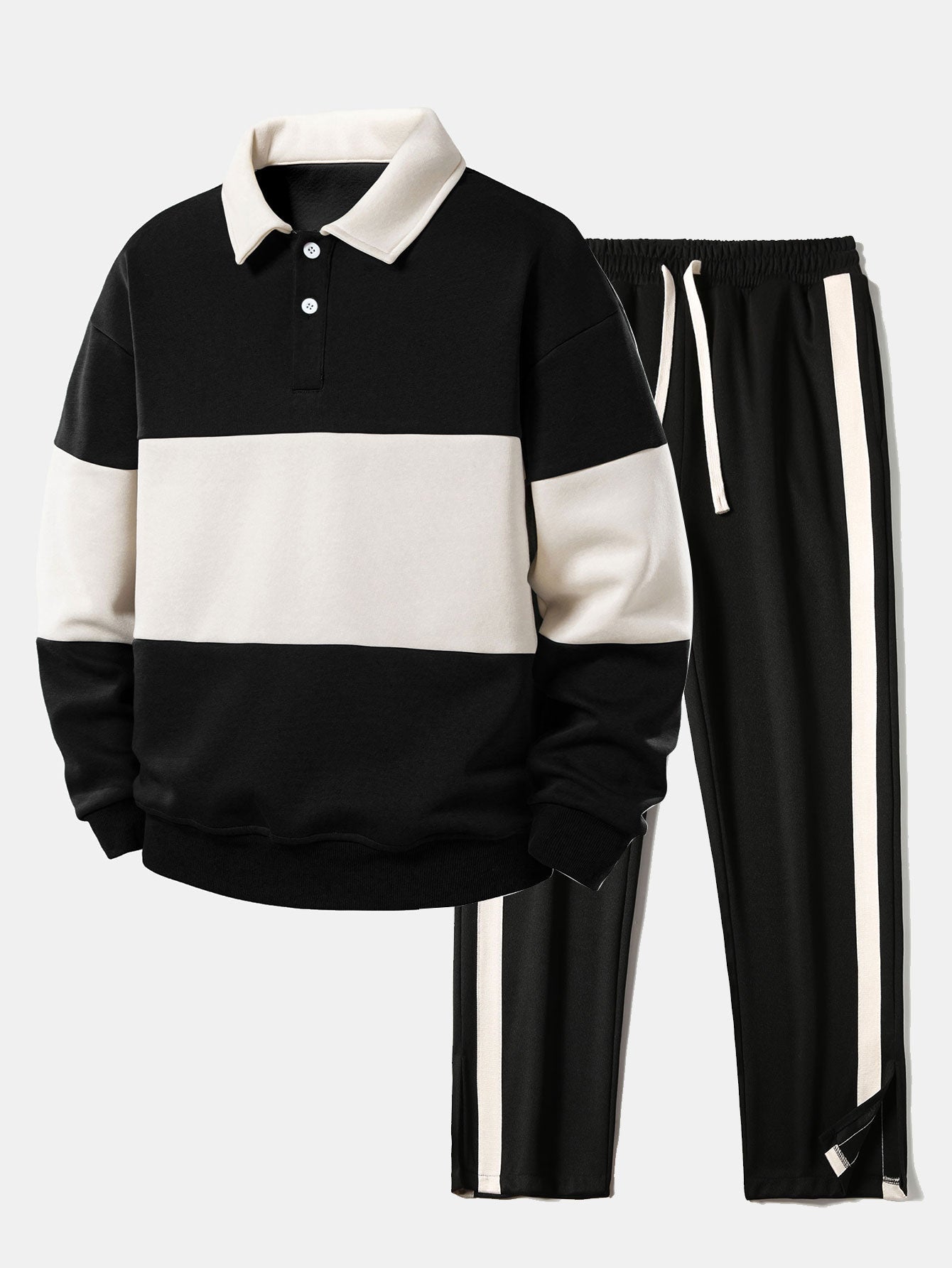 Relax Fit Farbe Block Poloshirts Kragen Sweatshirt & Schlitz Saum Streifen Hose