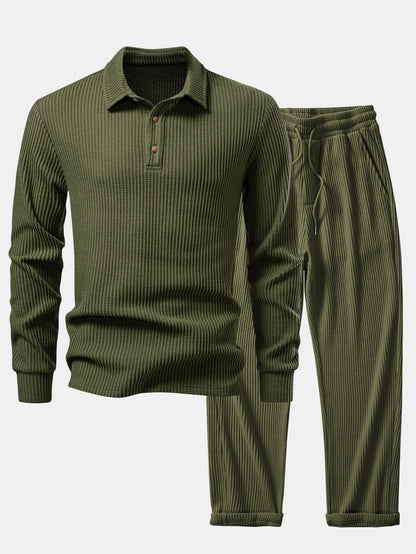 Langärmliges Waffel-Poloshirt und Waffel-Hose mit Kordelzug