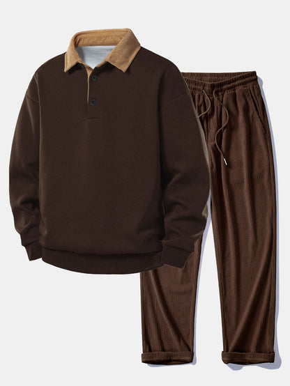 Relaxed Fit Kontrast Corduroy Poloshirts Kragen Sweatshirt & Gerade Bein Corduroy Hose