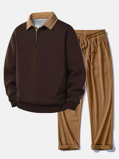 Relaxed Fit Kontrast Corduroy Poloshirts Kragen Sweatshirt & Gerade Bein Corduroy Hose
